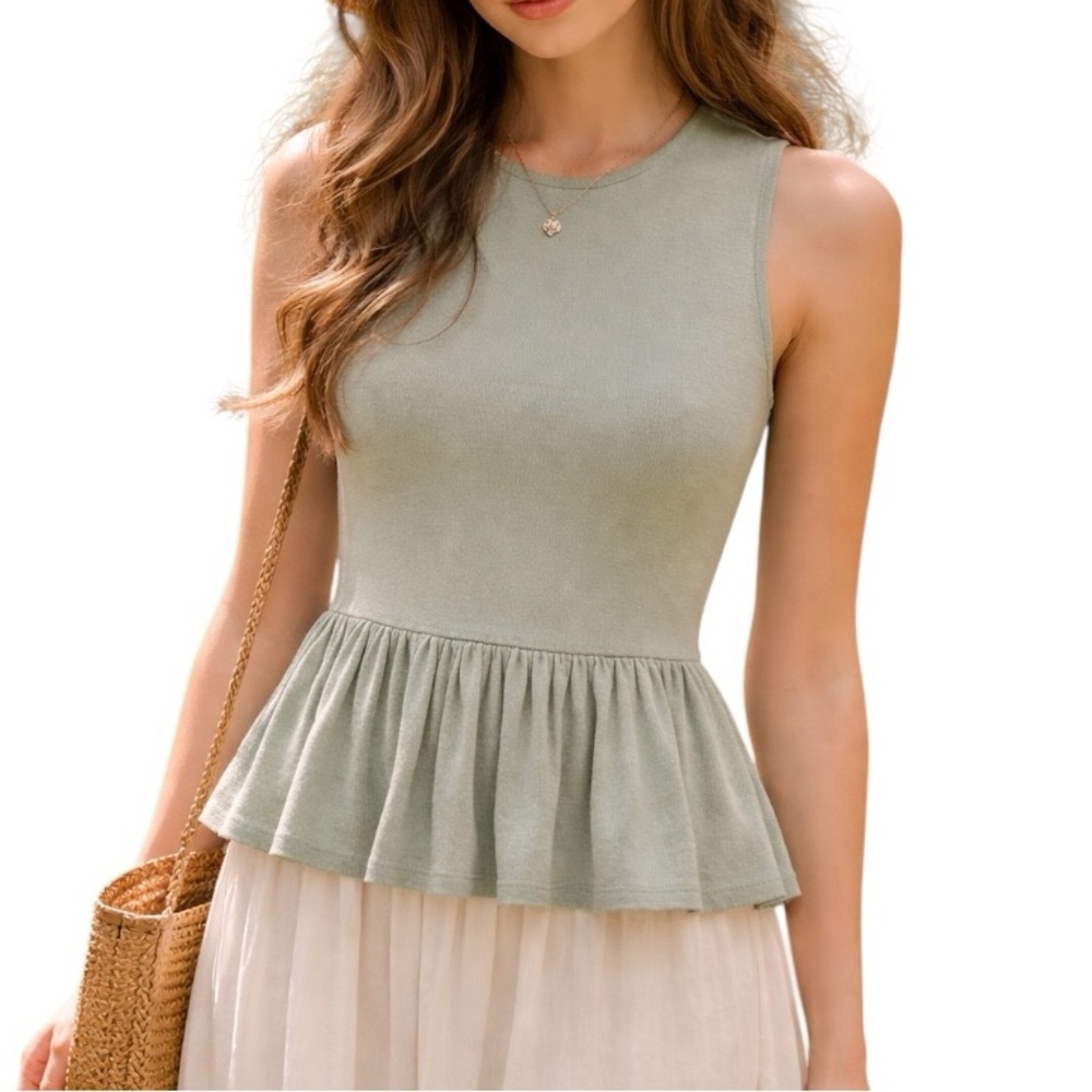 NWT Express Small Green Cap Sleeve Peplum Blouse Shirt Linen Rayon Blend